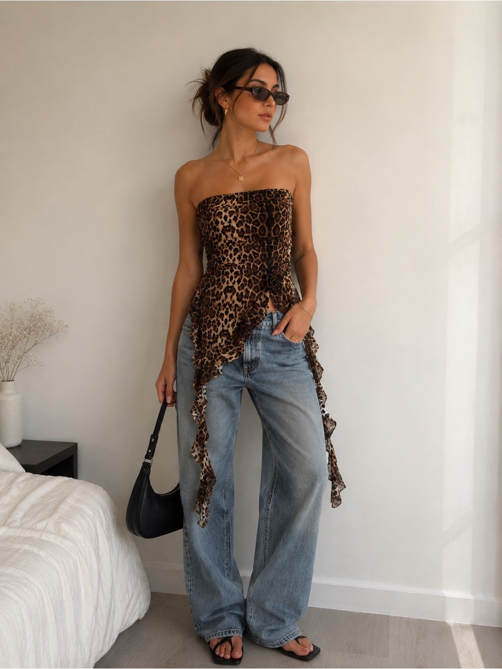 Leopard Print Asymmetrical Strapless Top – Size M